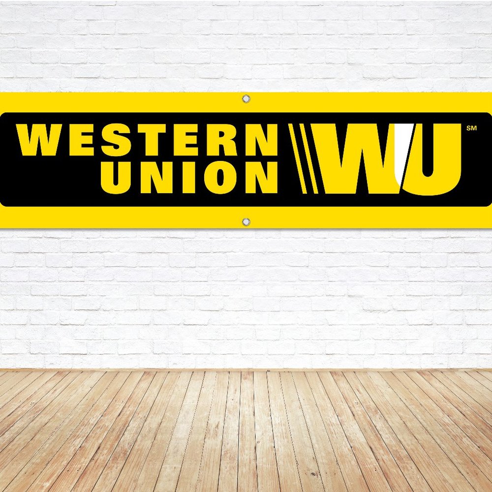 WESTERN UNION Logo Vinyl Banner 1.5x6ft Wide Sign Transfer Sending Funds Signage